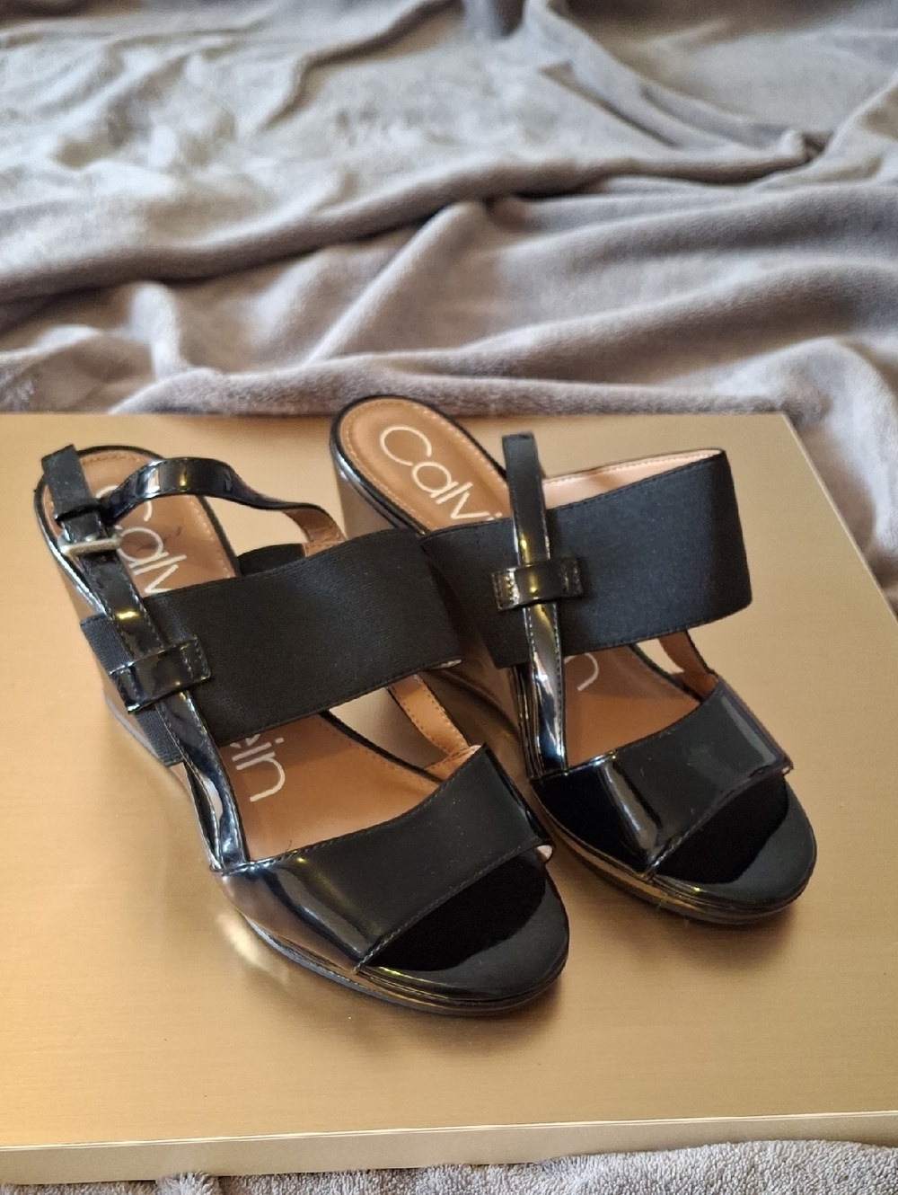 Calvin Klein Black Patent Wedge Sandals with Elastic Straps